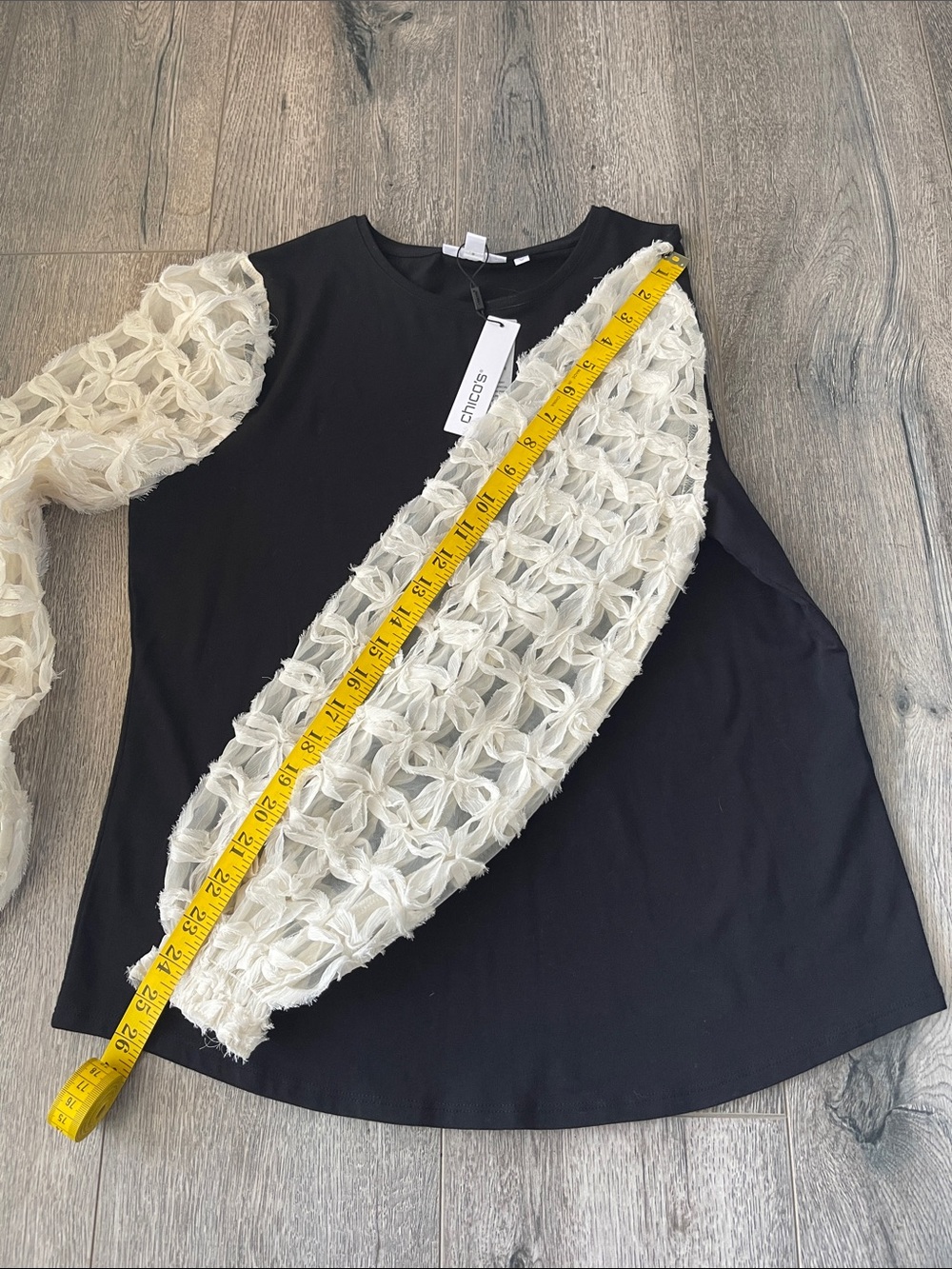 Chico's Black Top with Cream Lace Puff Sleeves - Picture 6 of 12